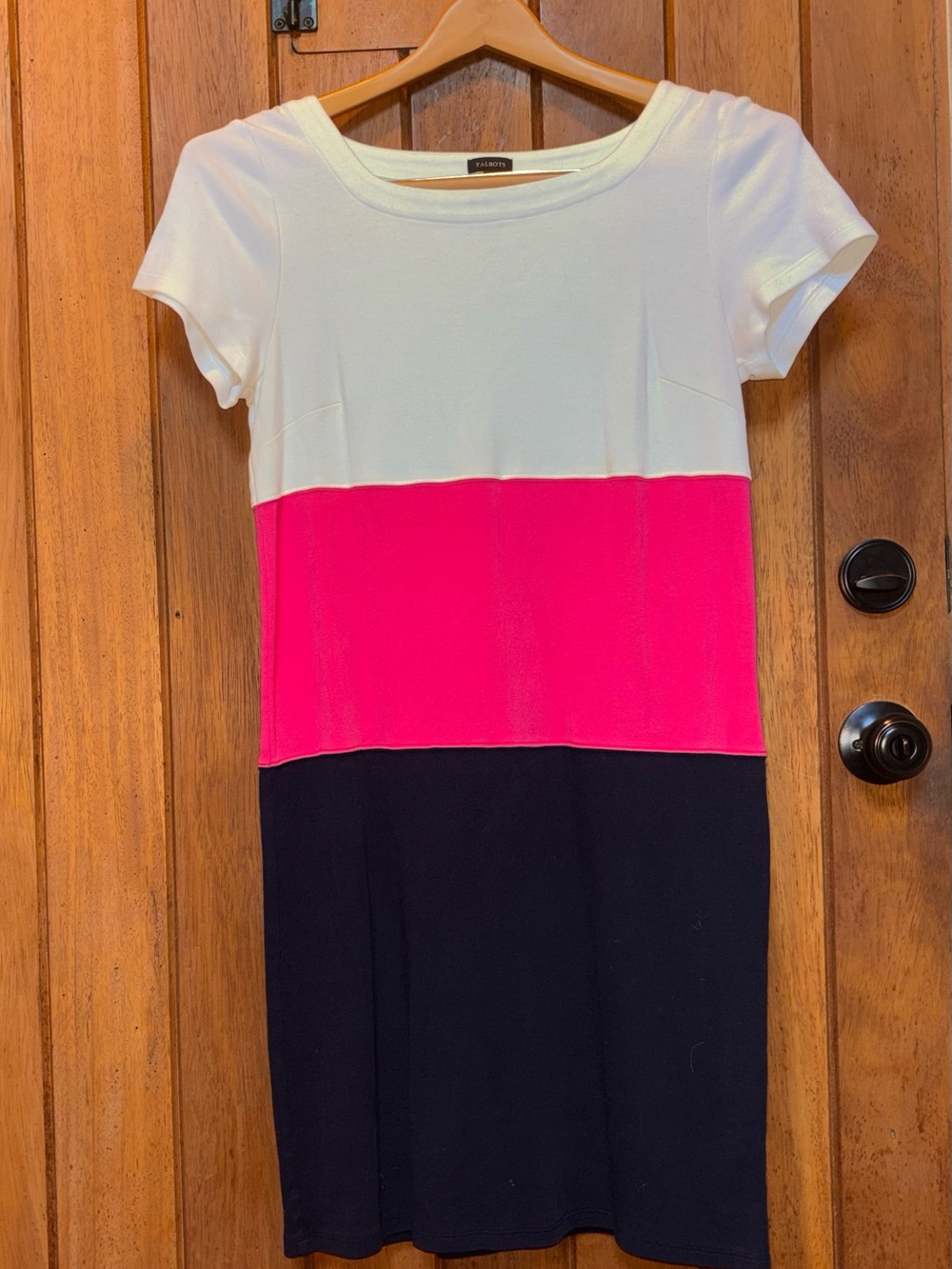 Talbots Colorblock Short Sleeve Shift Dress - White, Pink & Navy